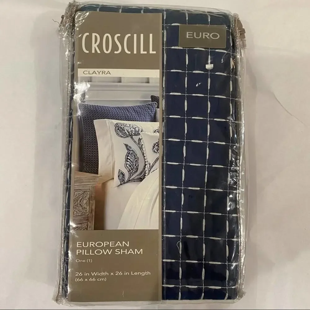 CROSCILL PILLOW Sham Navy Clayra Euro EUROPEAN square 26x26 windowpane